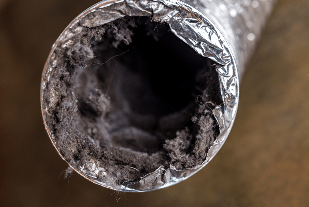 Close up of lint buildup inside air duct pipe
